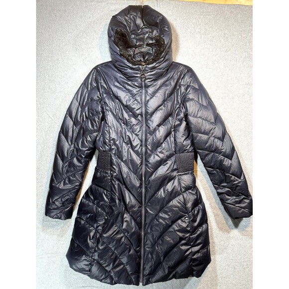 Laundry By Shelli Segal Jacket Women's Medium Midi Down 2 in‎ 1 Navy Blue Hooded - Picture 1 of 16